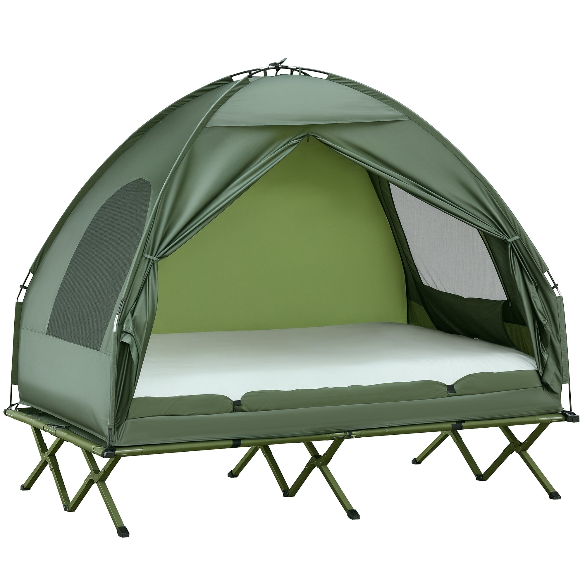 2-Person Tent Cot, 4-in-1 Elevated Camping Bed Combo with Air Mattress, Bed Cover, Foot Pump, Folding Off Ground Double Tent for Camping, Hiking, Backpacking