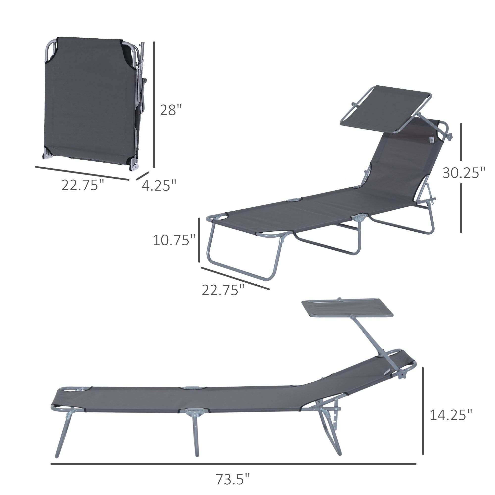Outdoor Pool Chaise Lounge Chair, Folding Tanning Chair with Sun Shade, Gray