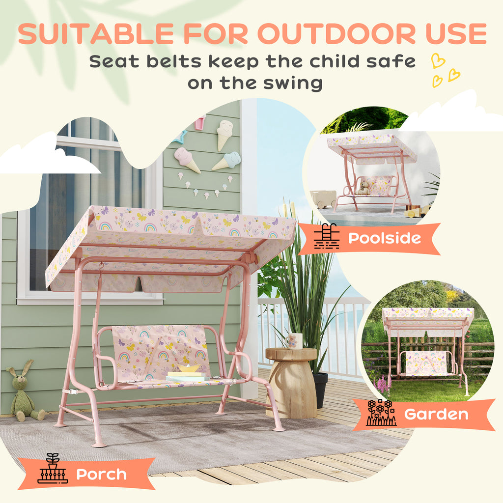 Kids Patio Swing Chair with Adjustable Canopy, Safety Belt for Patio, Garden, Poolside, Balcony, Pink