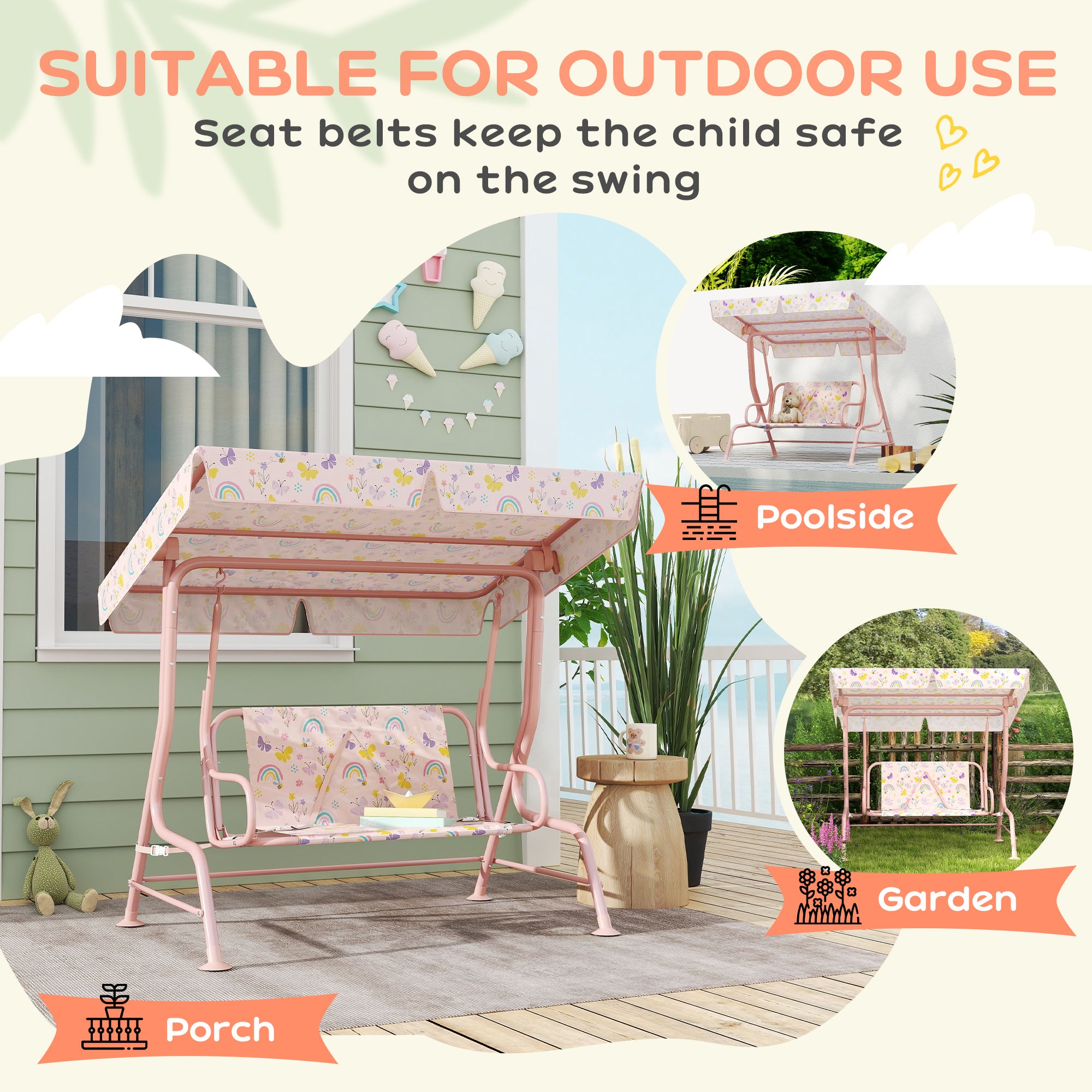 Kids Patio Swing Chair with Adjustable Canopy, Safety Belt for Patio, Garden, Poolside, Balcony, Pink