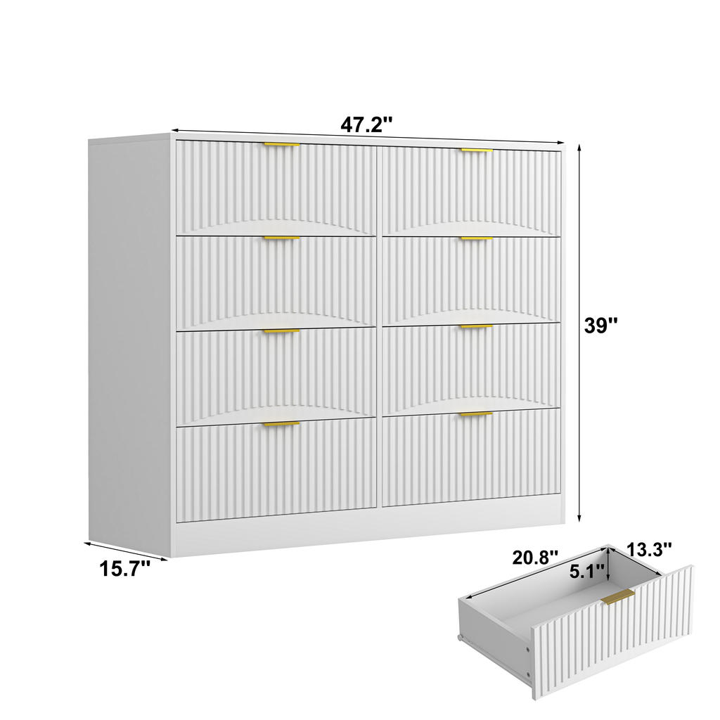 Modern 8 Drawers Dresser Chests For Bedroom,47.2 Wide Wood Chest Of Drawers With Gold Metal Handle,Drawer Organizer For Bedroom,Living Room,Hallway And Entryway,White