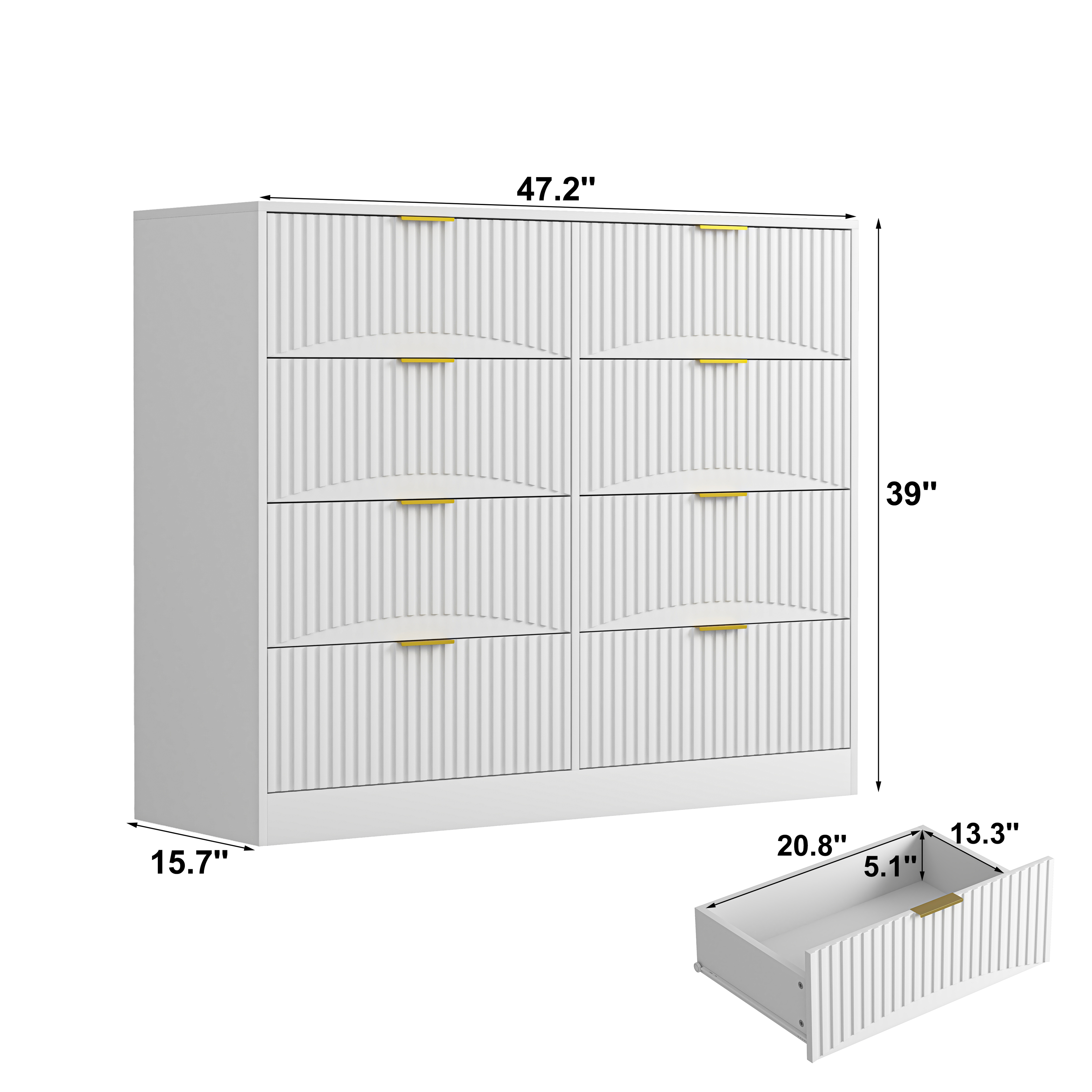 Modern 8 Drawers Dresser Chests For Bedroom,47.2 Wide Wood Chest Of Drawers With Gold Metal Handle,Drawer Organizer For Bedroom,Living Room,Hallway And Entryway,White