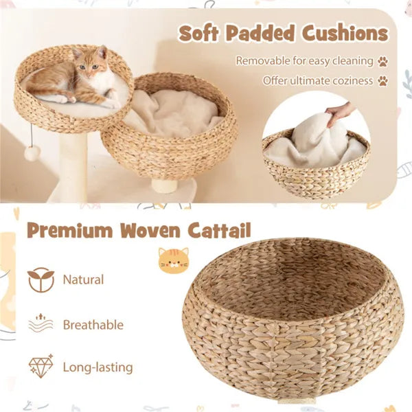 41 Inch Hand-Woven Water Hyacinth Cat Tree, 3 Sisal Scratching Posts Multi-Level Activity Center For Cats-White