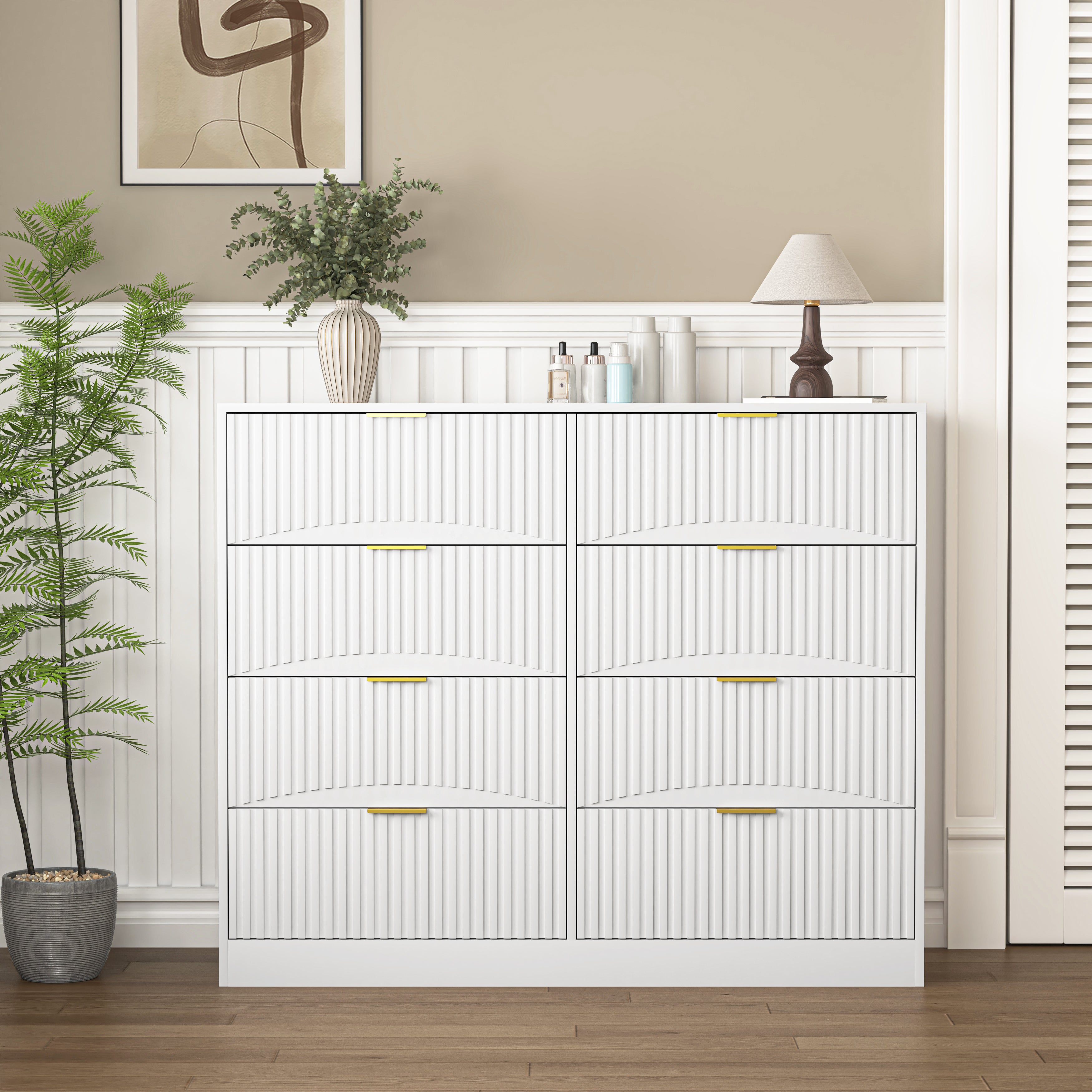 Modern 8 Drawers Dresser Chests For Bedroom,47.2 Wide Wood Chest Of Drawers With Gold Metal Handle,Drawer Organizer For Bedroom,Living Room,Hallway And Entryway,White