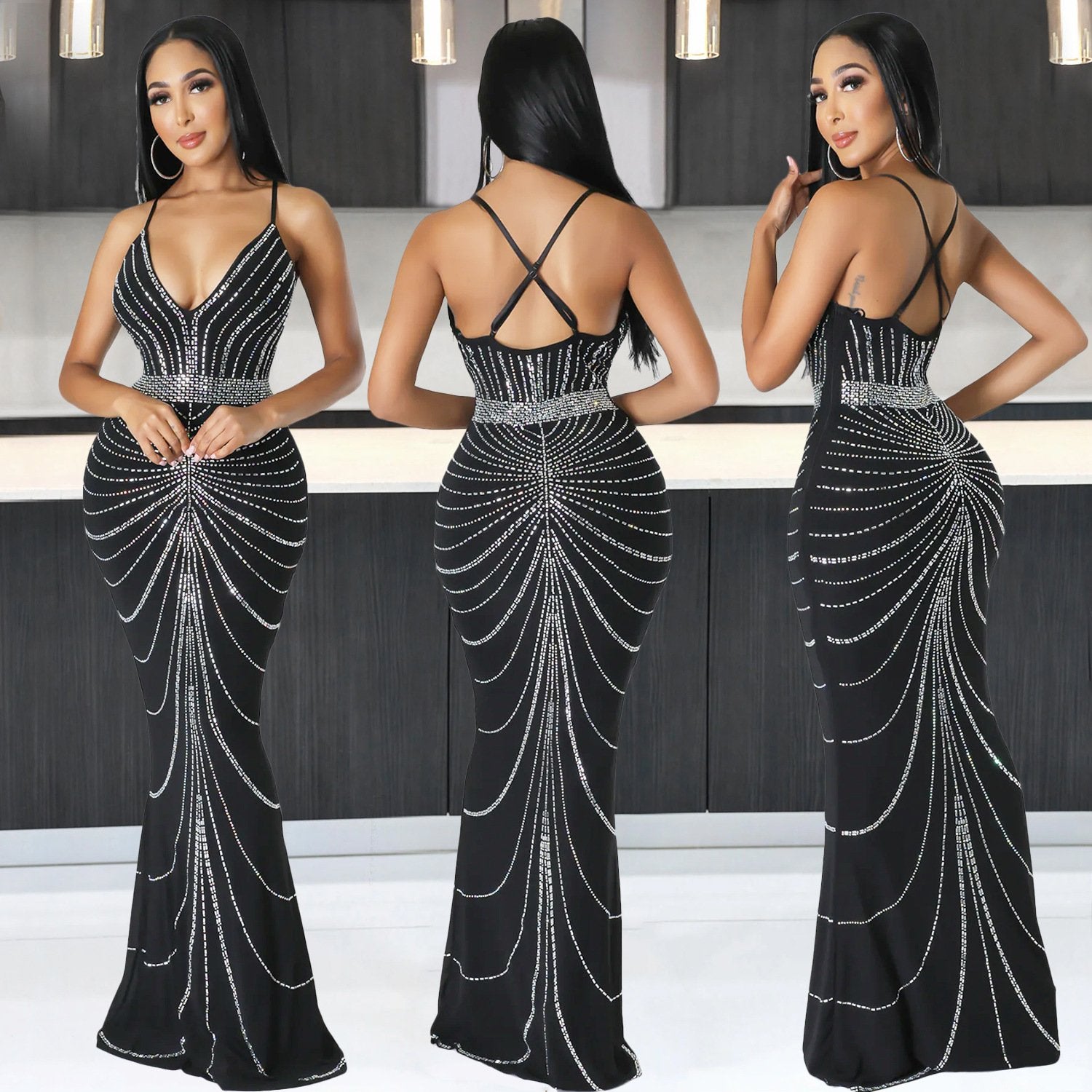 Rhinestone V-neck Sling Dress for Nightclub Wear
