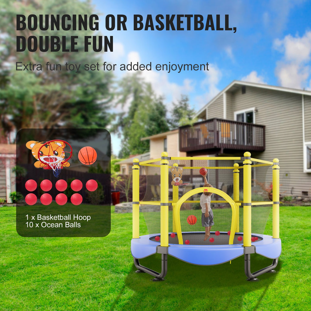 5FT Trampoline For Kids, 60" Indoor Outdoor Trampoline With Safety Enclosure Net, Basketball Hoop And Ocean Balls, Mini Toddler Recreational Trampoline Birthday Gifts For 3+ Years Kids