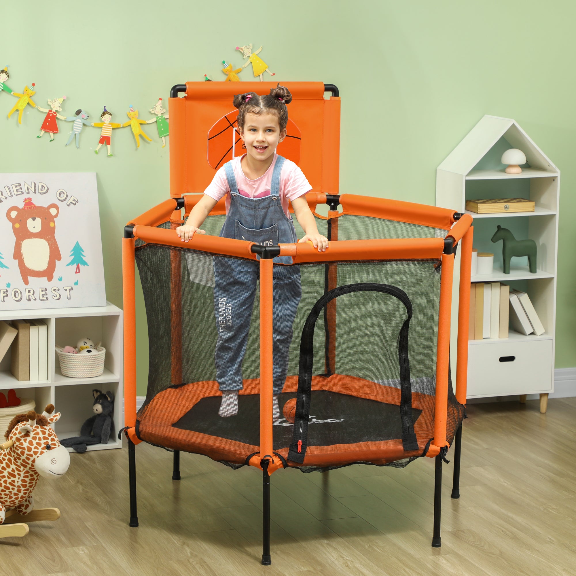 48" Kids Trampoline  with Safety Enclosure Net, Basketball Hoop for Ages 3-6, Gifts for Boys & Girls, Orange