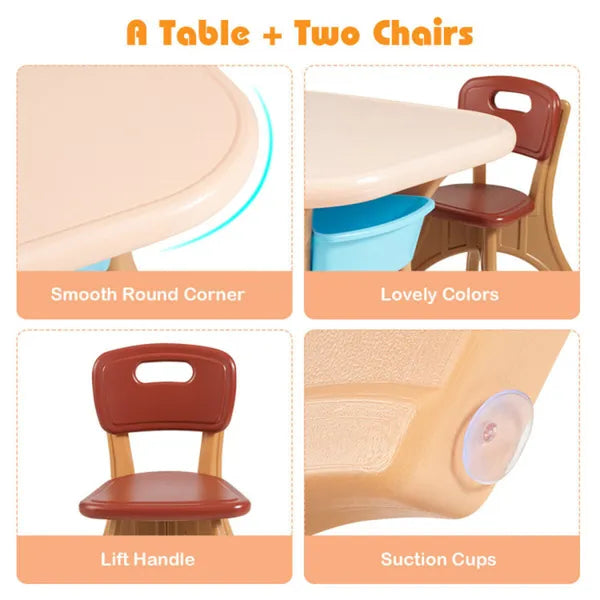 Brown Kids Table And 2 Chairs Set With 4 Storage Boxes, Toddler Activity Table For Drawing Playing Eating, Children Furniture For Indoor Outdoor