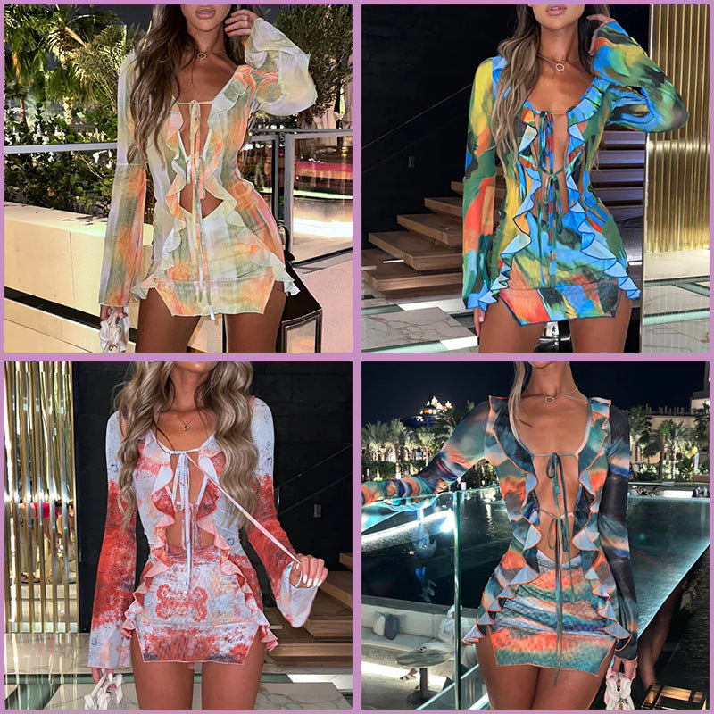 New Women's Long Sleeve Printed Bodycon Dress
