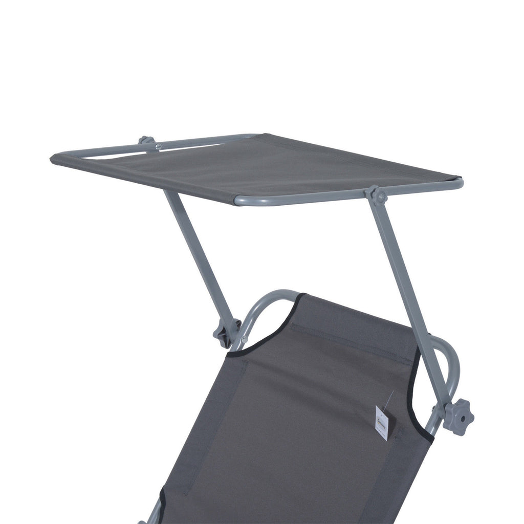 Outdoor Pool Chaise Lounge Chair, Folding Tanning Chair with Sun Shade, Gray