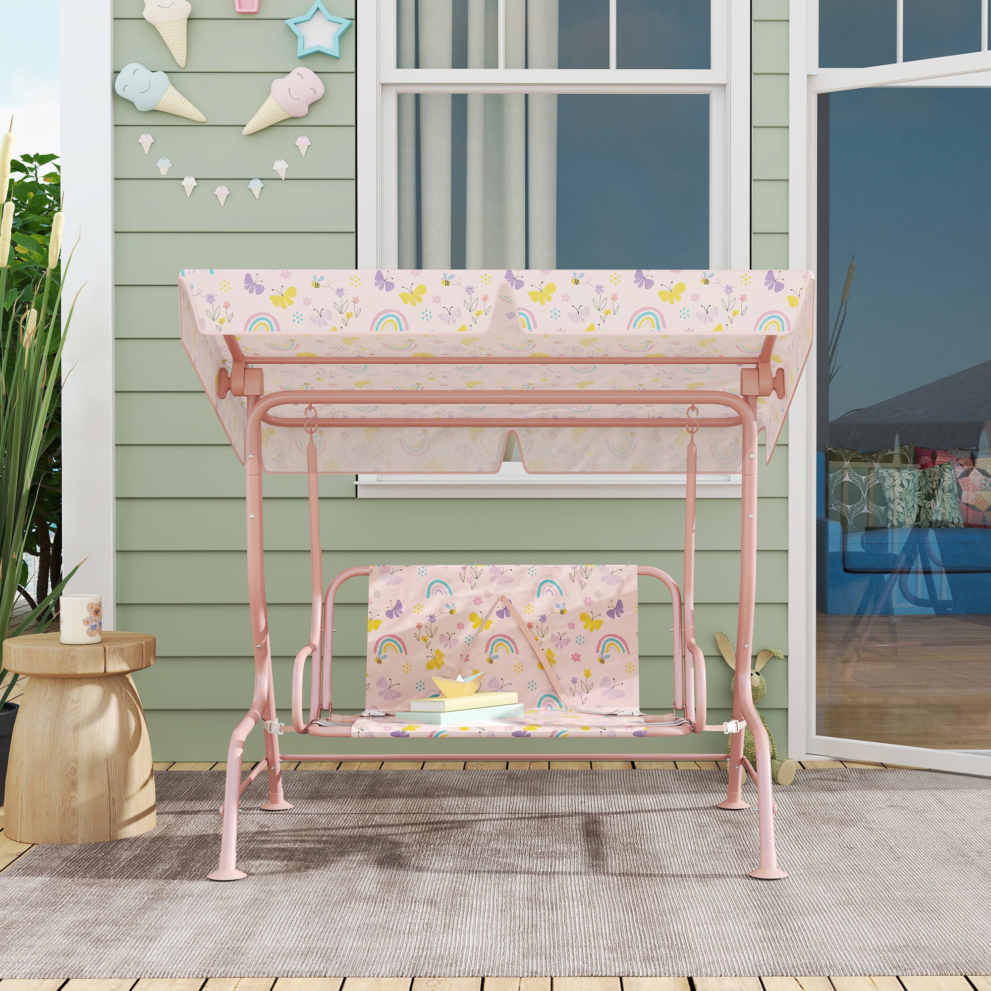 Kids Patio Swing Chair with Adjustable Canopy, Safety Belt for Patio, Garden, Poolside, Balcony, Pink