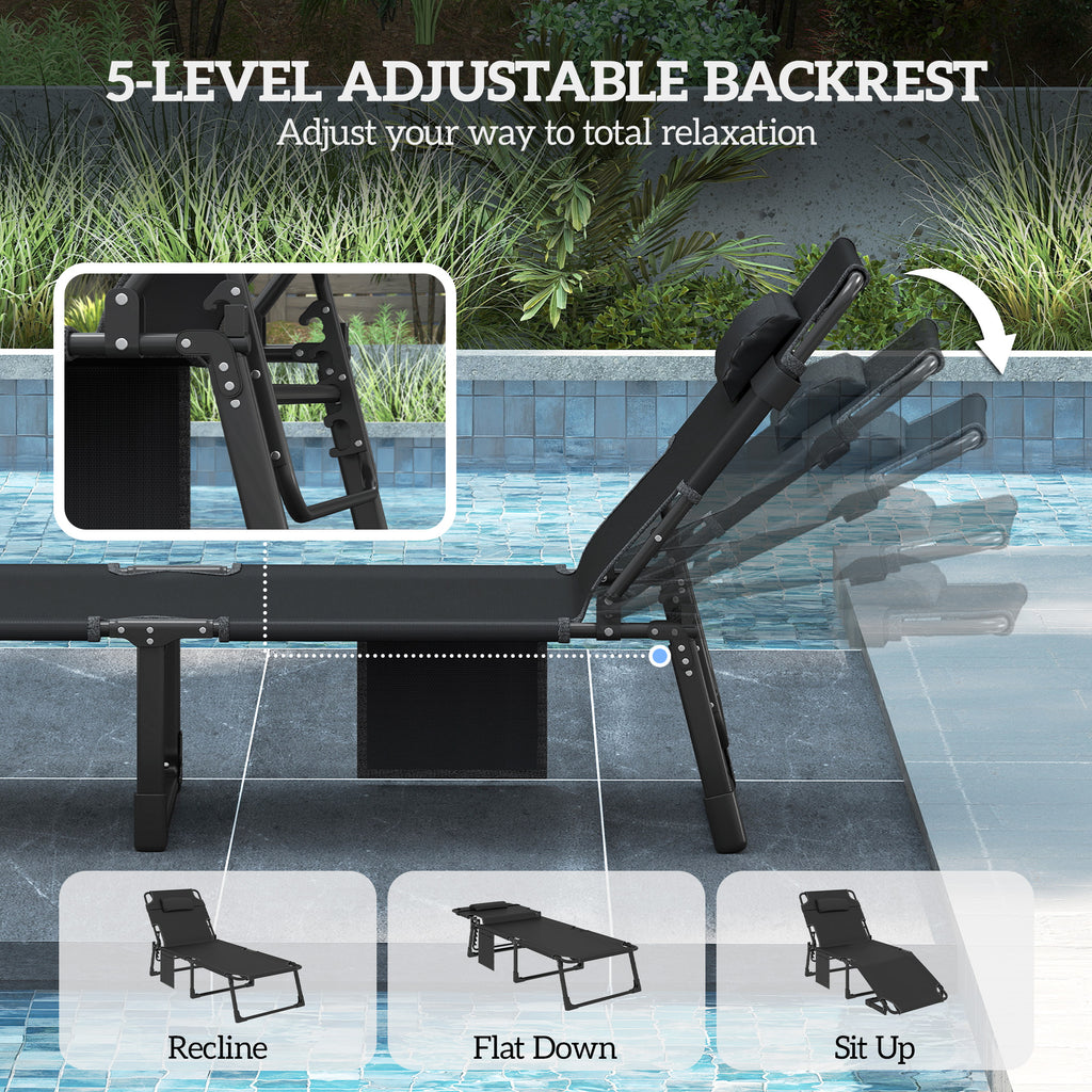 Folding Chaise Lounge Chair Outdoor Tanning Chair Set of 2 with 5-Position Backrest, Cushions, Side Pocket, Black