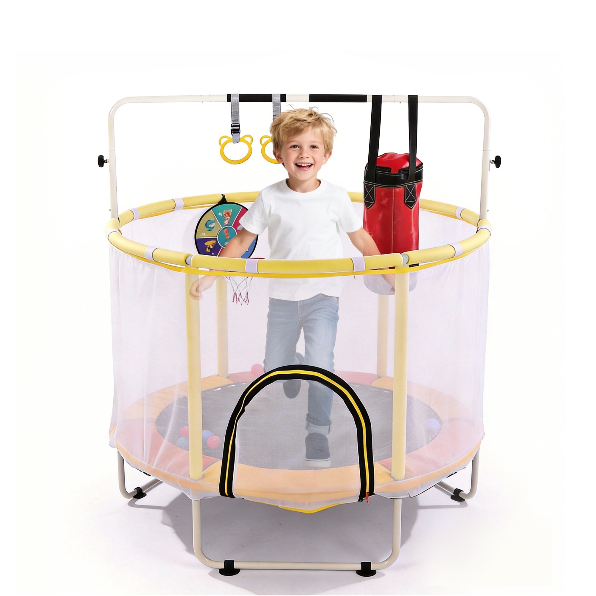 54 Inch Mini  Indoor And OutdoorToddler Trampoline With Safety Net, Antislip Safe Design, Round Jumping Toy,With Boxing Bag ,Ring And Basketball Hoop, With Adjustable Gym Bar,Gift For Boys&Girls
