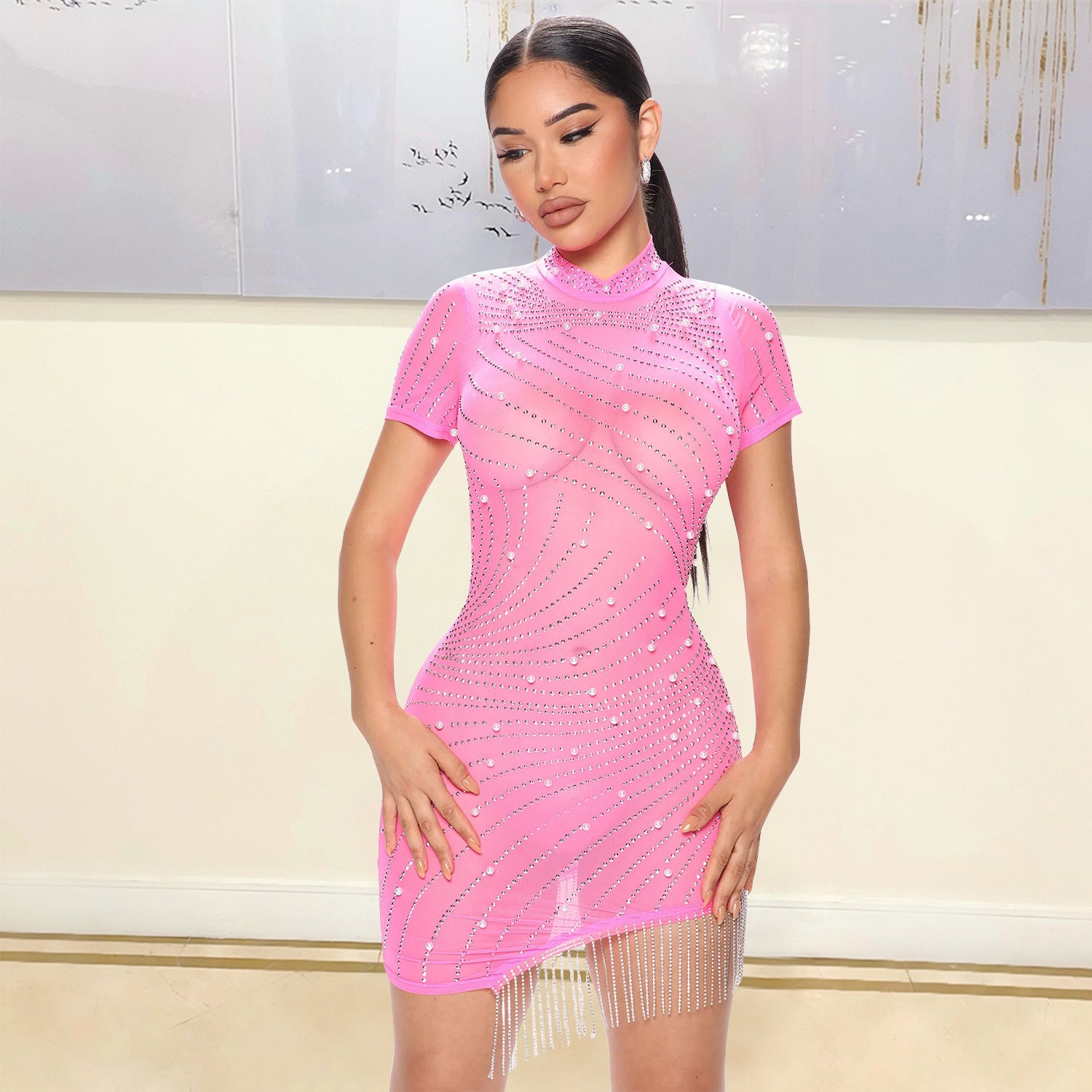 Women’s Mesh Hot Drilling See-through Dress