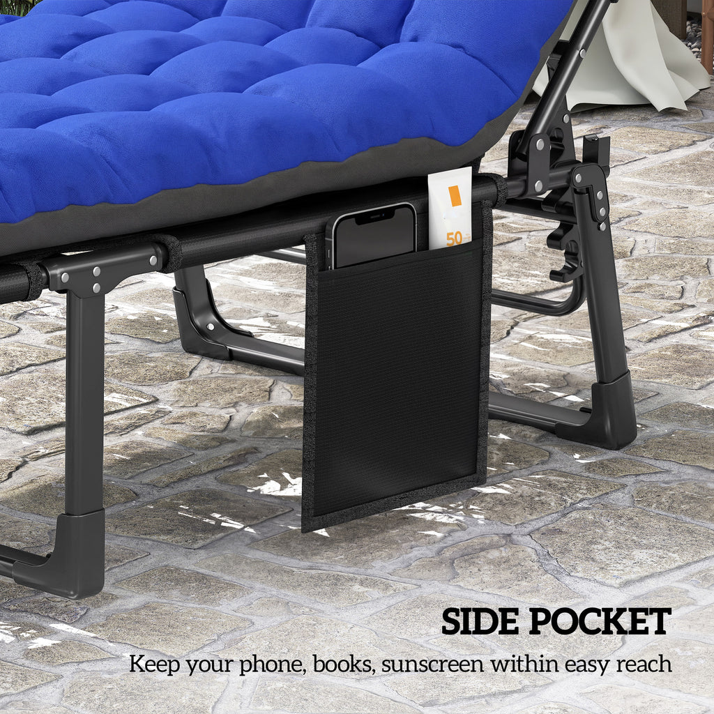 Folding Chaise Lounge Chair Outdoor Tanning Chair with 5-Position Backrest, Cushion, Side Pocket, Gray/Blue