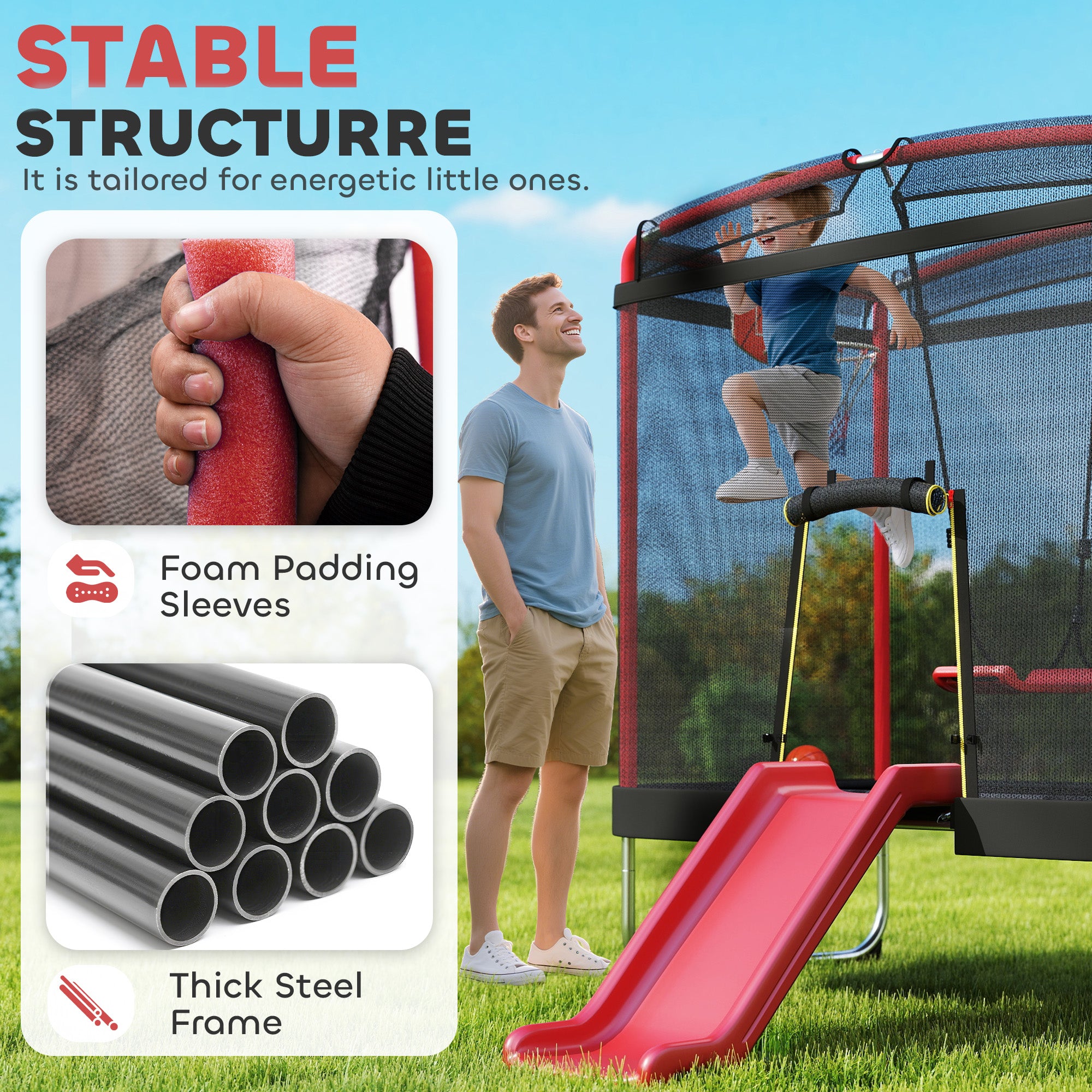 4 X 6FT Trampoline For Kids Indoor & Outdoor With Slide, Swing, Basketball Hoop And Safety Enclosure, Red