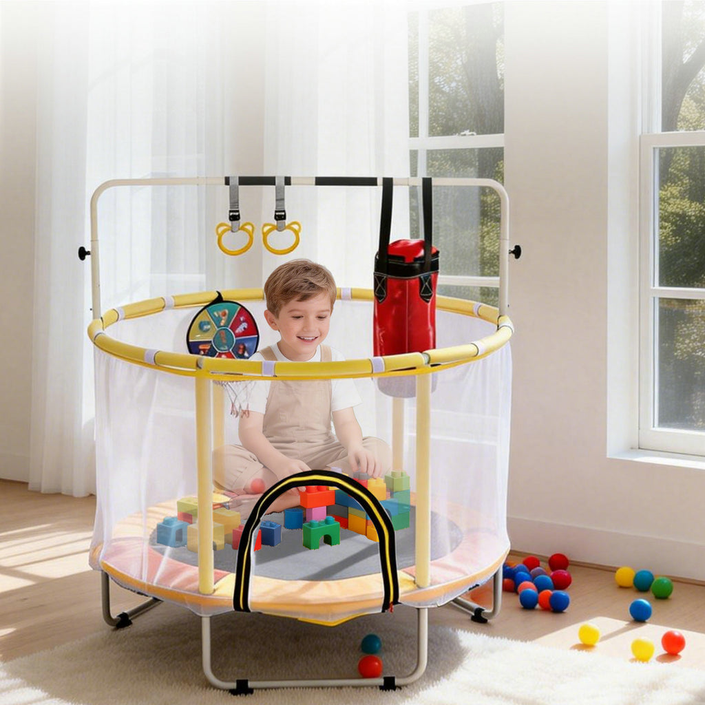 54 Inch Mini  Indoor And OutdoorToddler Trampoline With Safety Net, Antislip Safe Design, Round Jumping Toy,With Boxing Bag ,Ring And Basketball Hoop, With Adjustable Gym Bar,Gift For Boys&Girls