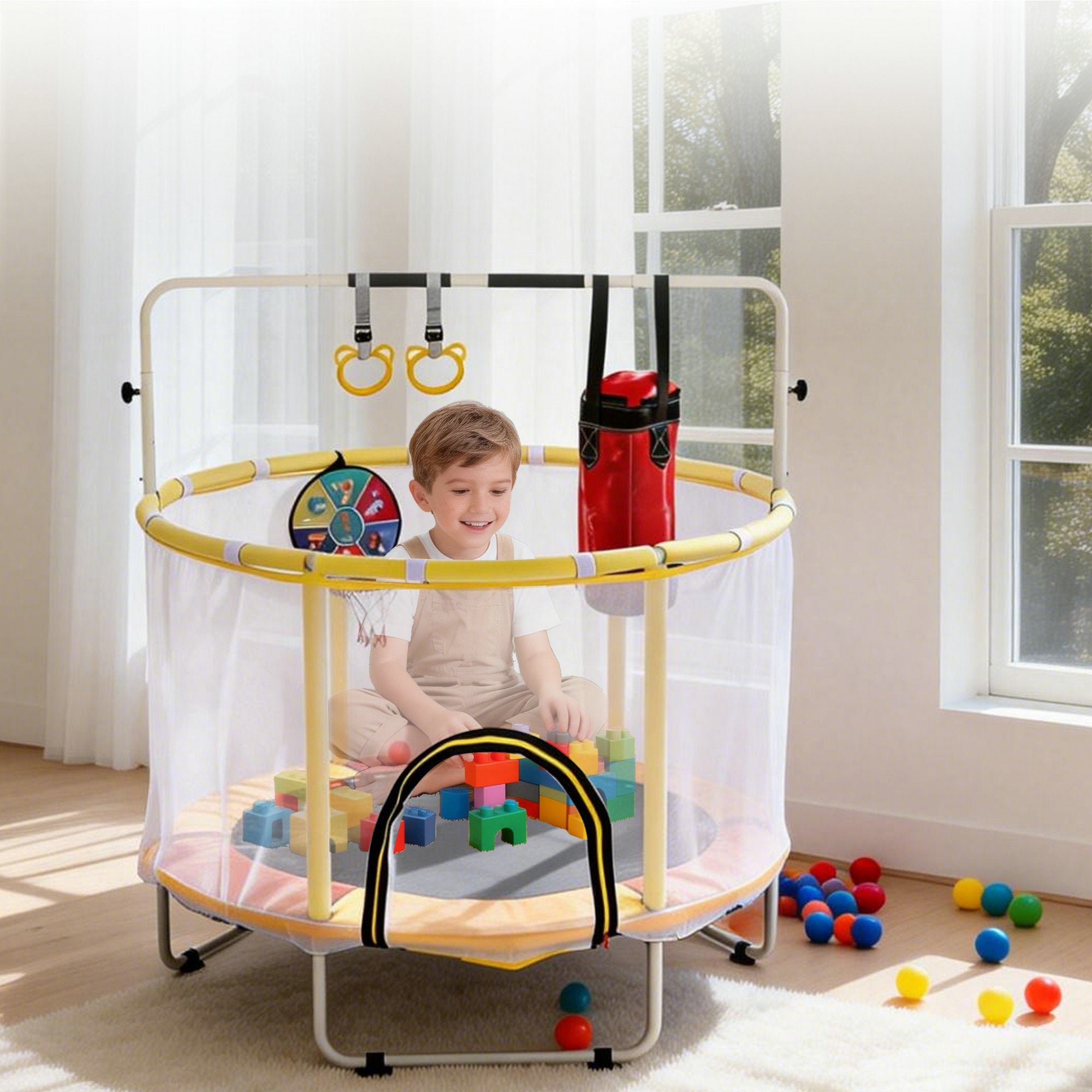 54 Inch Mini  Indoor And OutdoorToddler Trampoline With Safety Net, Antislip Safe Design, Round Jumping Toy,With Boxing Bag ,Ring And Basketball Hoop, With Adjustable Gym Bar,Gift For Boys&Girls