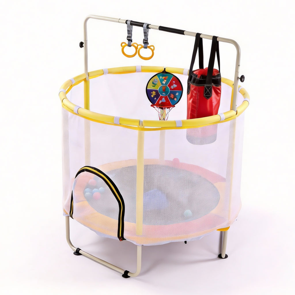 54 Inch Mini  Indoor And OutdoorToddler Trampoline With Safety Net, Antislip Safe Design, Round Jumping Toy,With Boxing Bag ,Ring And Basketball Hoop, With Adjustable Gym Bar,Gift For Boys&Girls