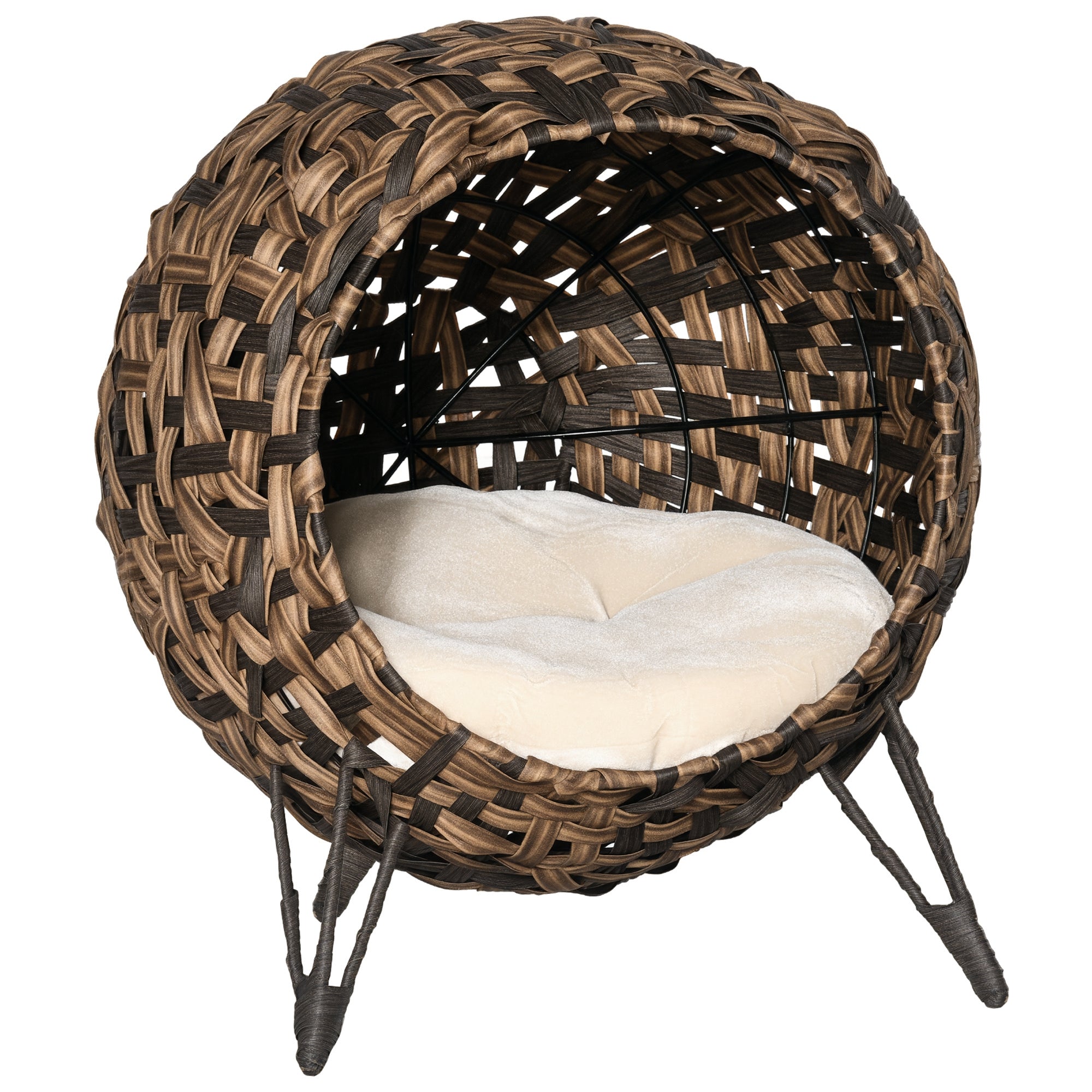 20.5" Weaved Cat Bed, Elevated Hand-woven Braided Banana Leaf Kitten House Condo with Cushion, Brown
