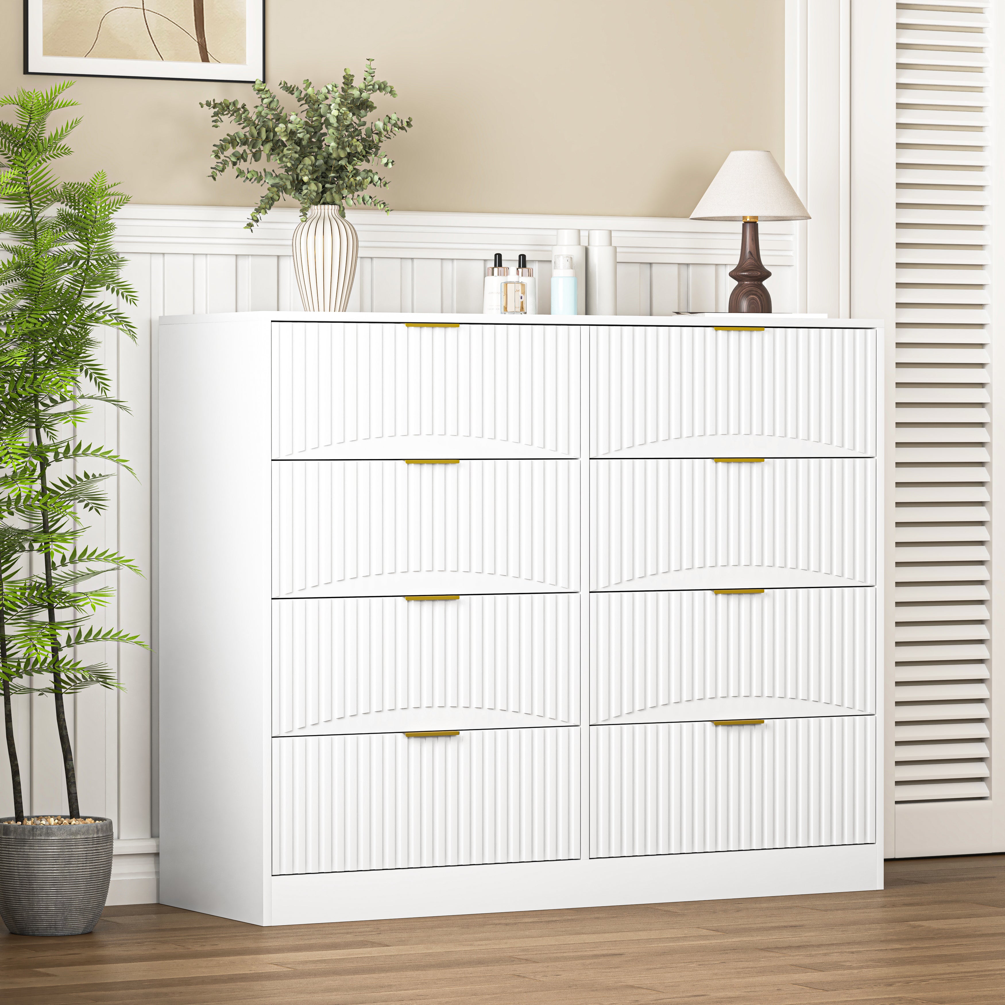 Modern 8 Drawers Dresser Chests For Bedroom,47.2 Wide Wood Chest Of Drawers With Gold Metal Handle,Drawer Organizer For Bedroom,Living Room,Hallway And Entryway,White