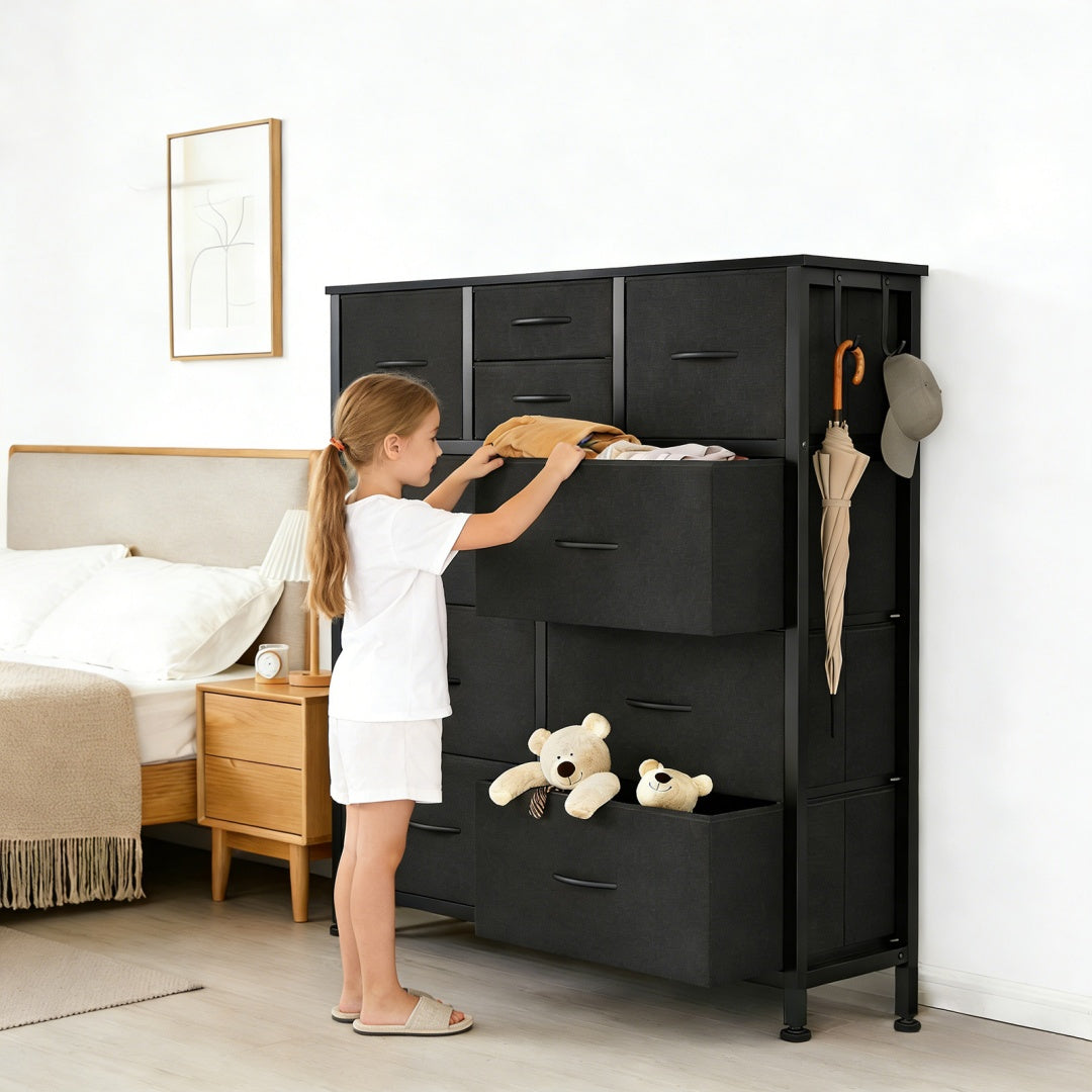 10-Drawer Dresser With Side Pocket & Hooks, Storage Cabinet With Wood Top For Bedroom Closet Organization