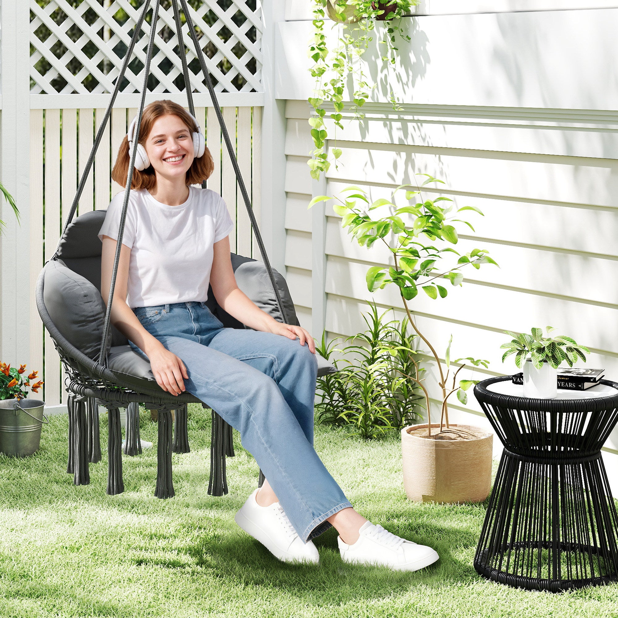 Hammock Swing Chair, Macrame Hanging Chair With Large Cushion, Chain, Steel Frame For Indoor Outdoor Use, Dark Gray