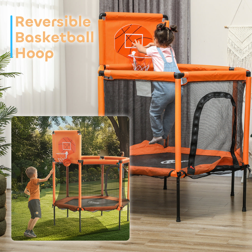 48" Kids Trampoline  with Safety Enclosure Net, Basketball Hoop for Ages 3-6, Gifts for Boys & Girls, Orange