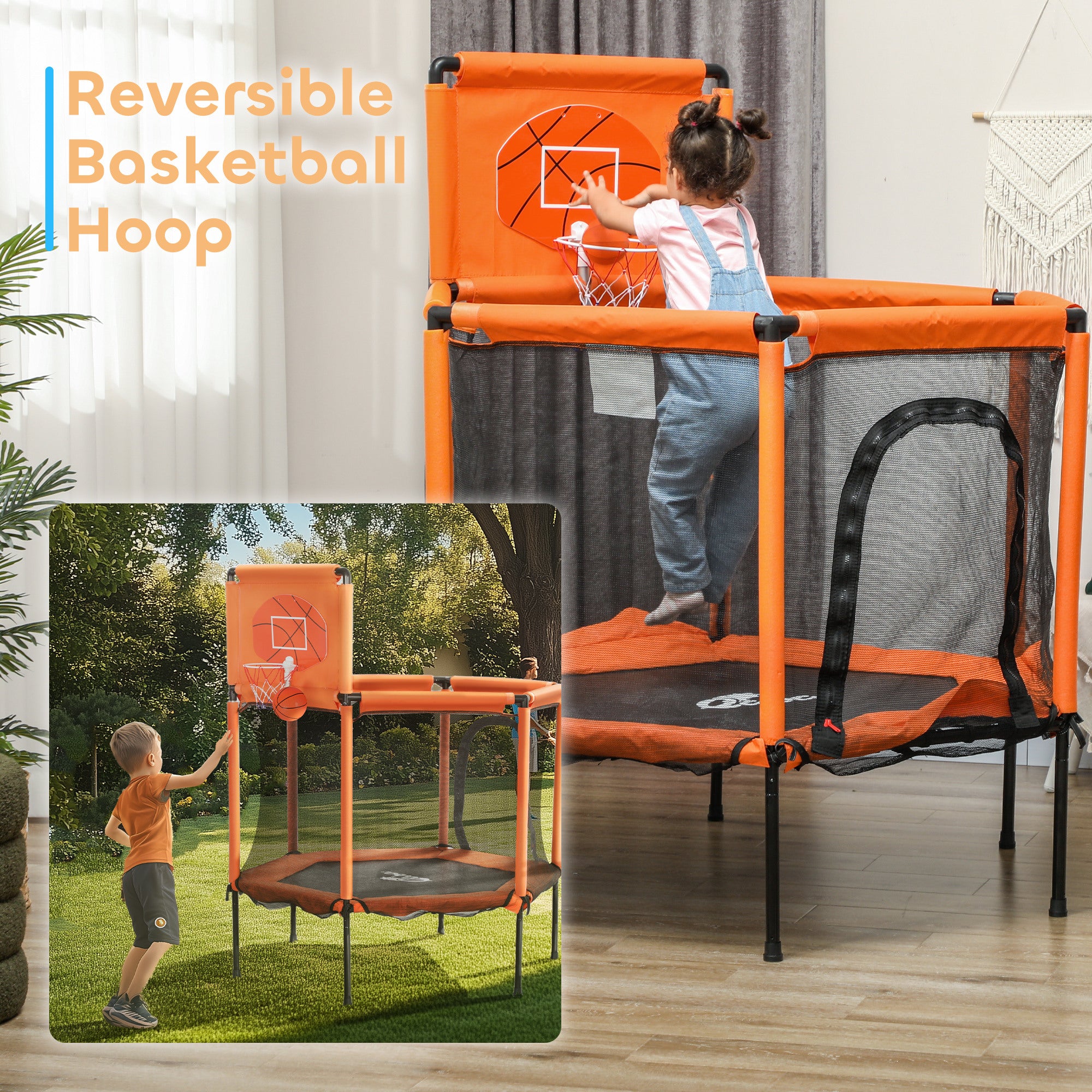 48" Kids Trampoline  with Safety Enclosure Net, Basketball Hoop for Ages 3-6, Gifts for Boys & Girls, Orange