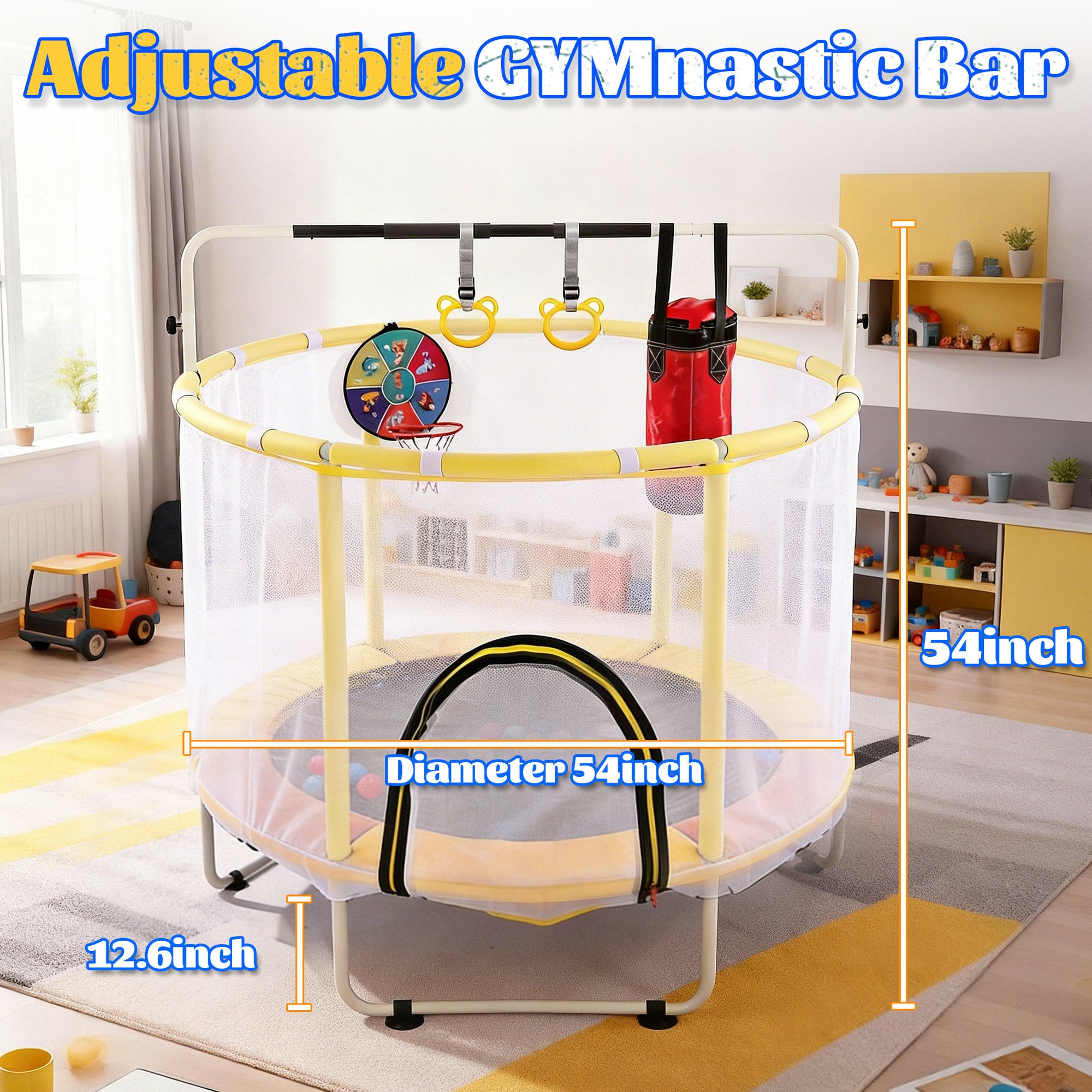 54 Inch Mini  Indoor And OutdoorToddler Trampoline With Safety Net, Antislip Safe Design, Round Jumping Toy,With Boxing Bag ,Ring And Basketball Hoop, With Adjustable Gym Bar,Gift For Boys&Girls