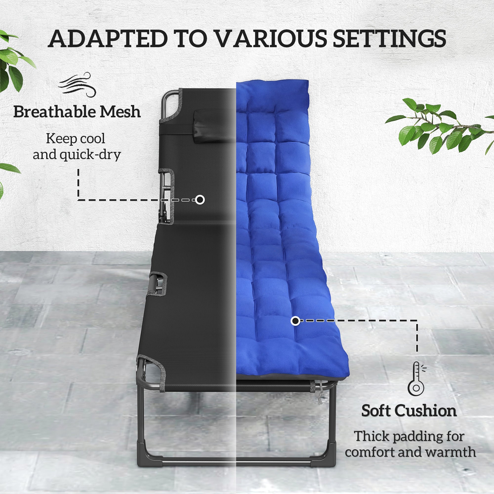 Folding Chaise Lounge Chair Outdoor Tanning Chair with 5-Position Backrest, Cushion, Side Pocket, Gray/Blue