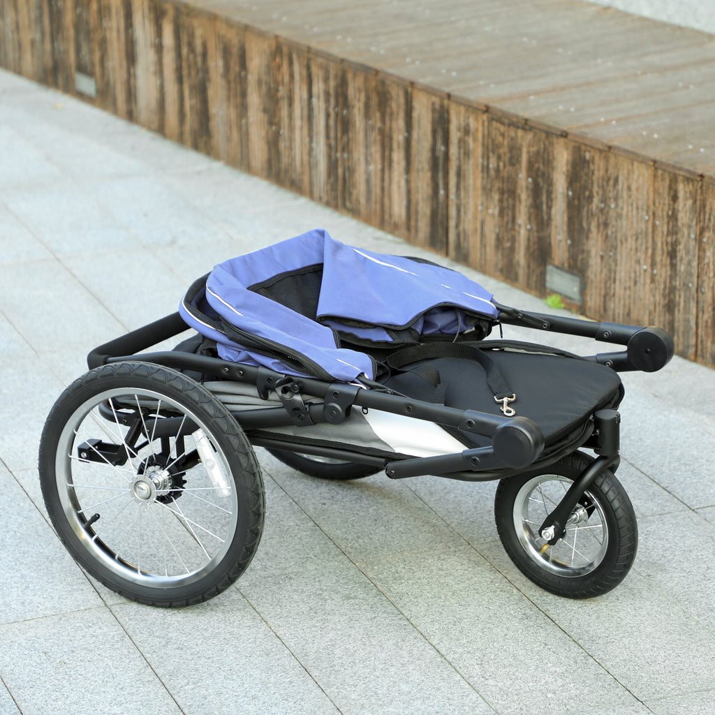 3 Wheels Dog Stroller w/ One-Hand Fold, Rubber Wheels, Storage Bag, Soft Cushion, for Small & Medium Dogs, Blue