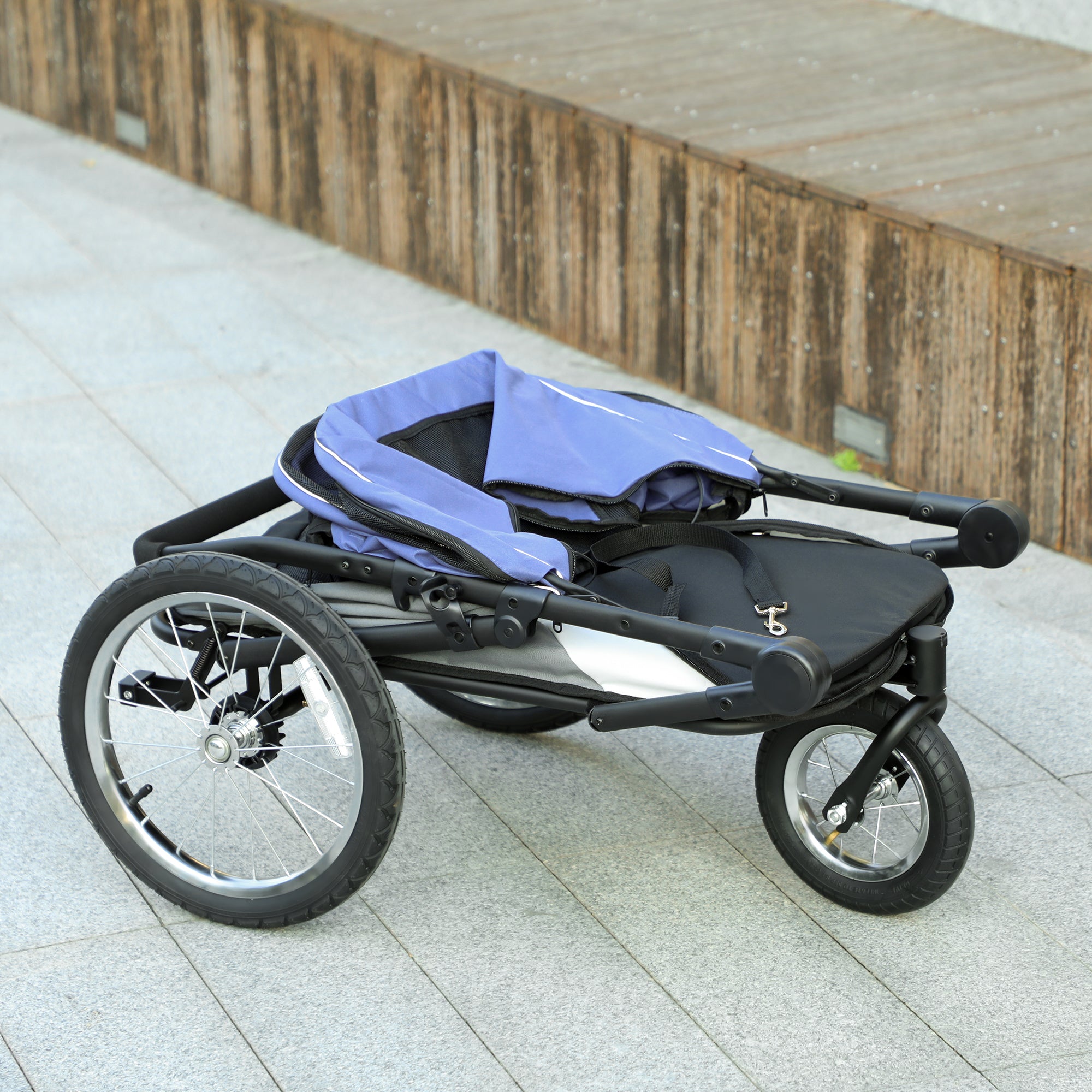 3 Wheels Dog Stroller w/ One-Hand Fold, Rubber Wheels, Storage Bag, Soft Cushion, for Small & Medium Dogs, Blue