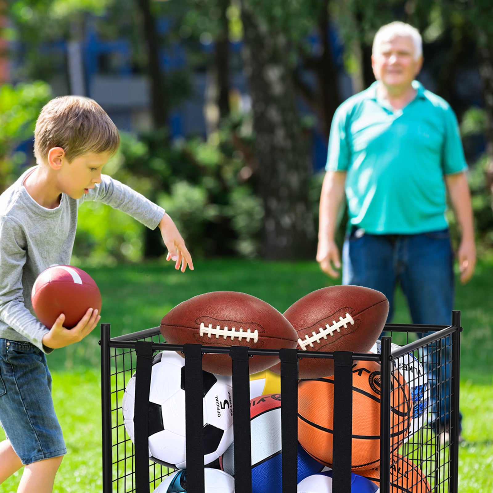 VEVOR Rolling Sports Ball Storage Cart, Lockable Basketball Cage With Elastic Straps, Sport Equipment Holder Organizer For Indoor Outdoor, Steel Storage Rack For Garages, Playgroup, Gym And Schools