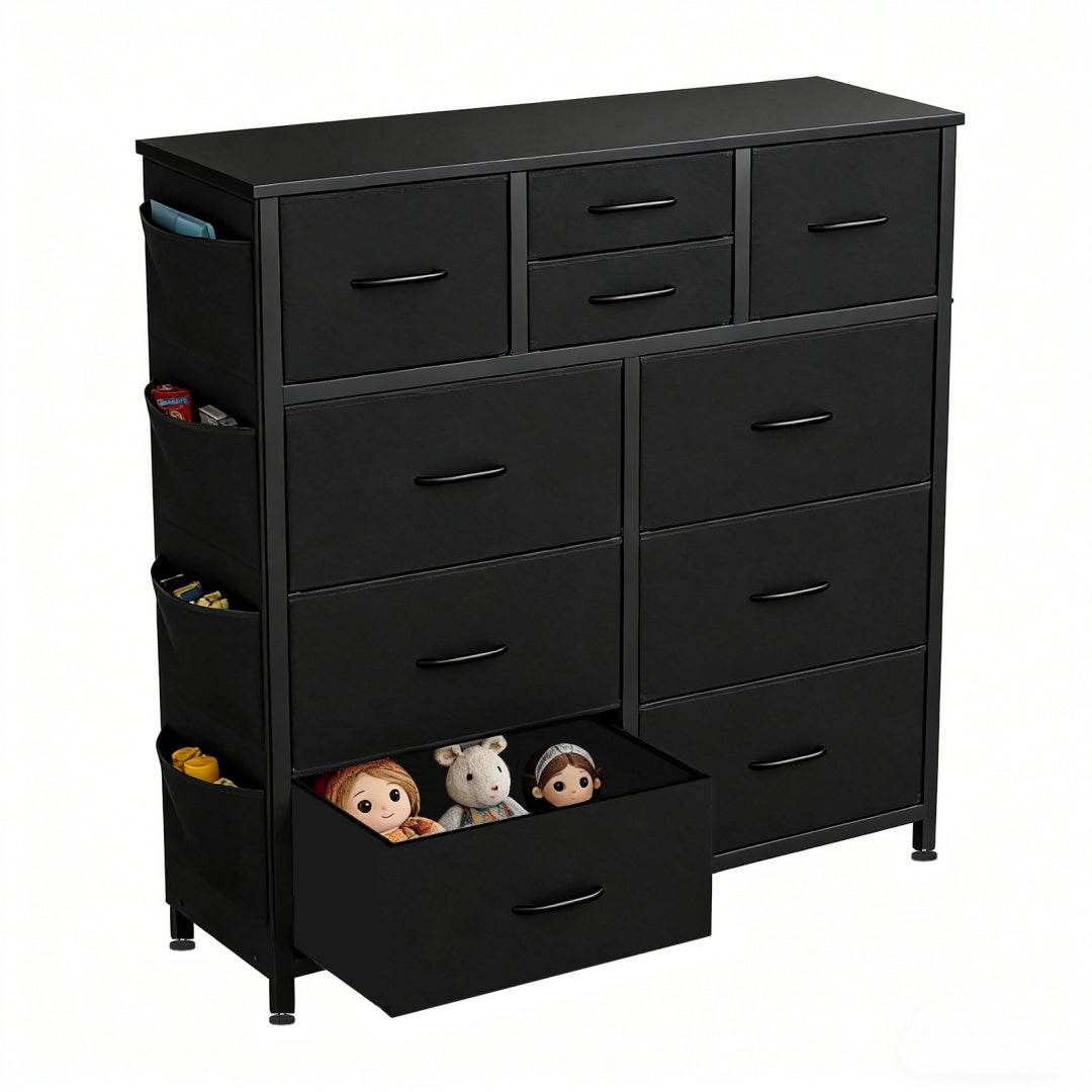 10-Drawer Dresser With Side Pocket & Hooks, Storage Cabinet With Wood Top For Bedroom Closet Organization