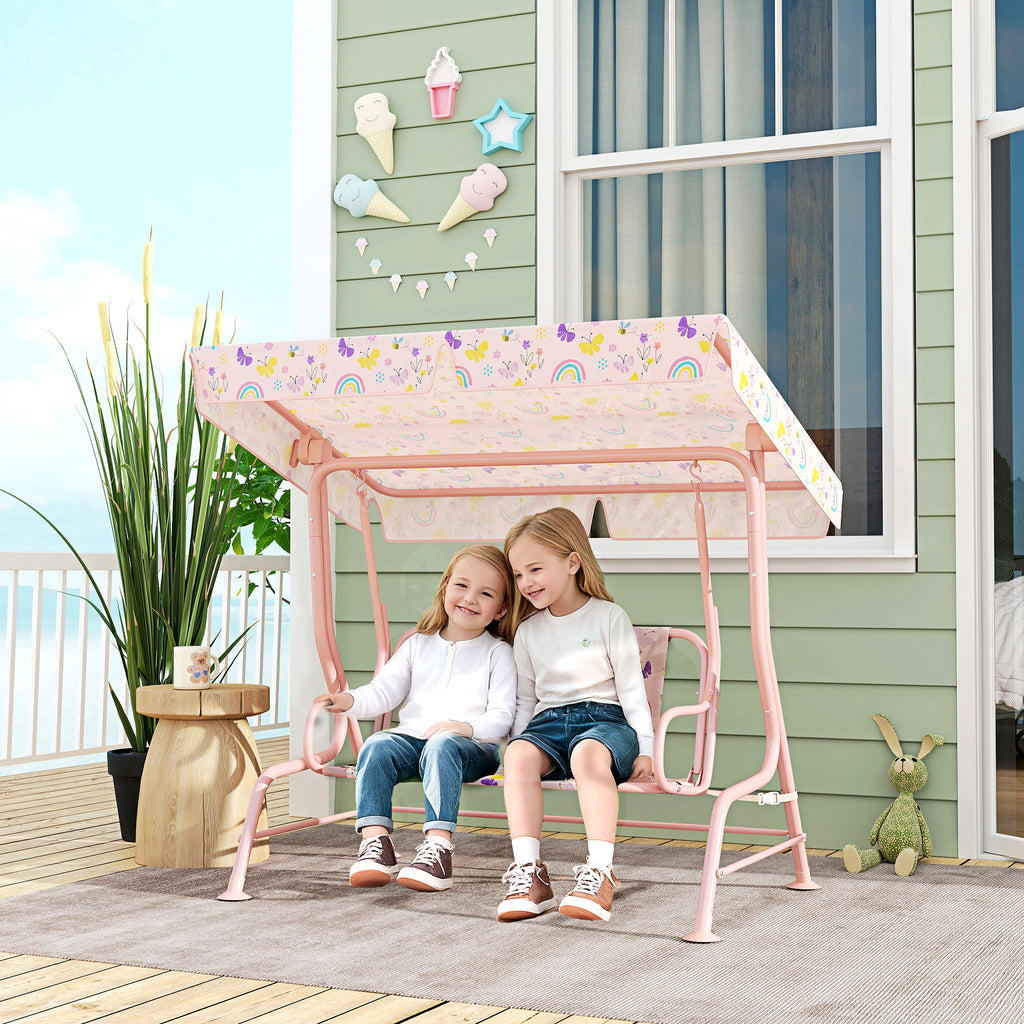 Kids Patio Swing Chair with Adjustable Canopy, Safety Belt for Patio, Garden, Poolside, Balcony, Pink