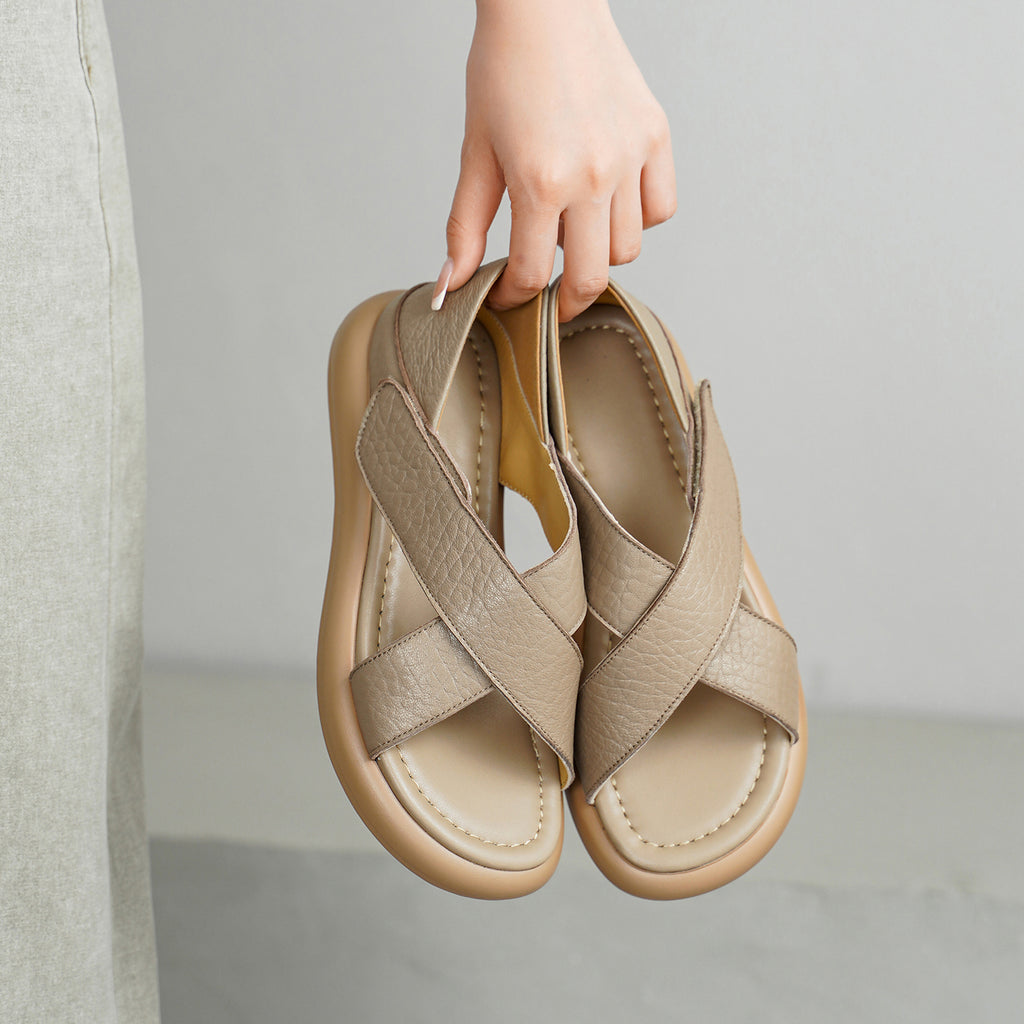 Women's Handmade Full-Grain Sheepskin Crisscross Strap Platform Sandals, Adjustable Flat Slingback Shoes