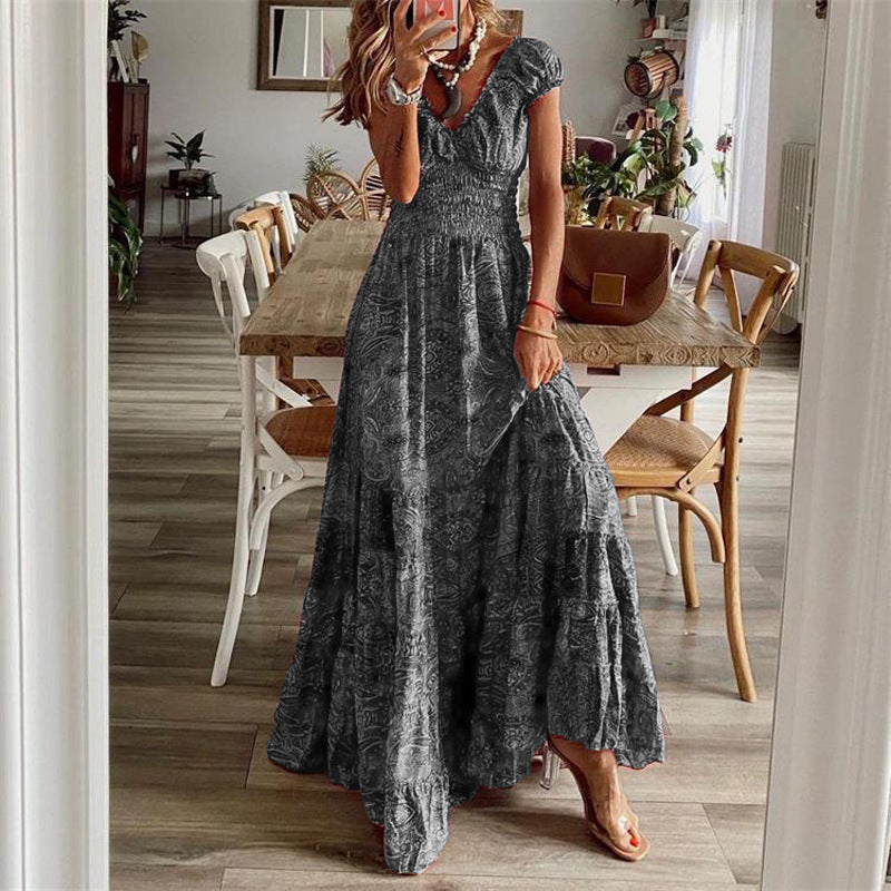 Summer Floral Print A-Line Dress  Women's Waist-Cinching  Mid-Length Dresses