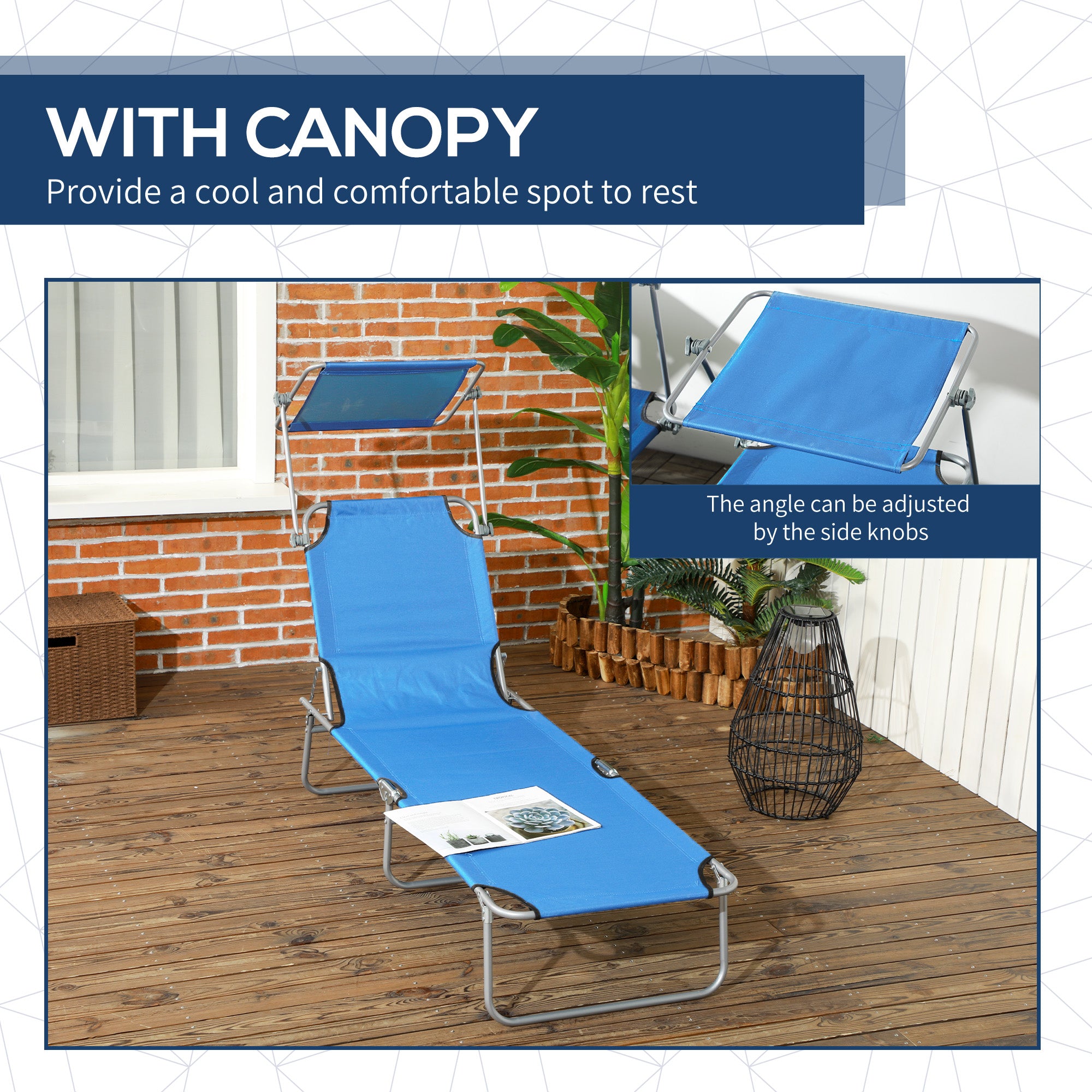 Outdoor Pool Chaise Lounge Chair, Folding Tanning Chair with Sun Shade, Blue