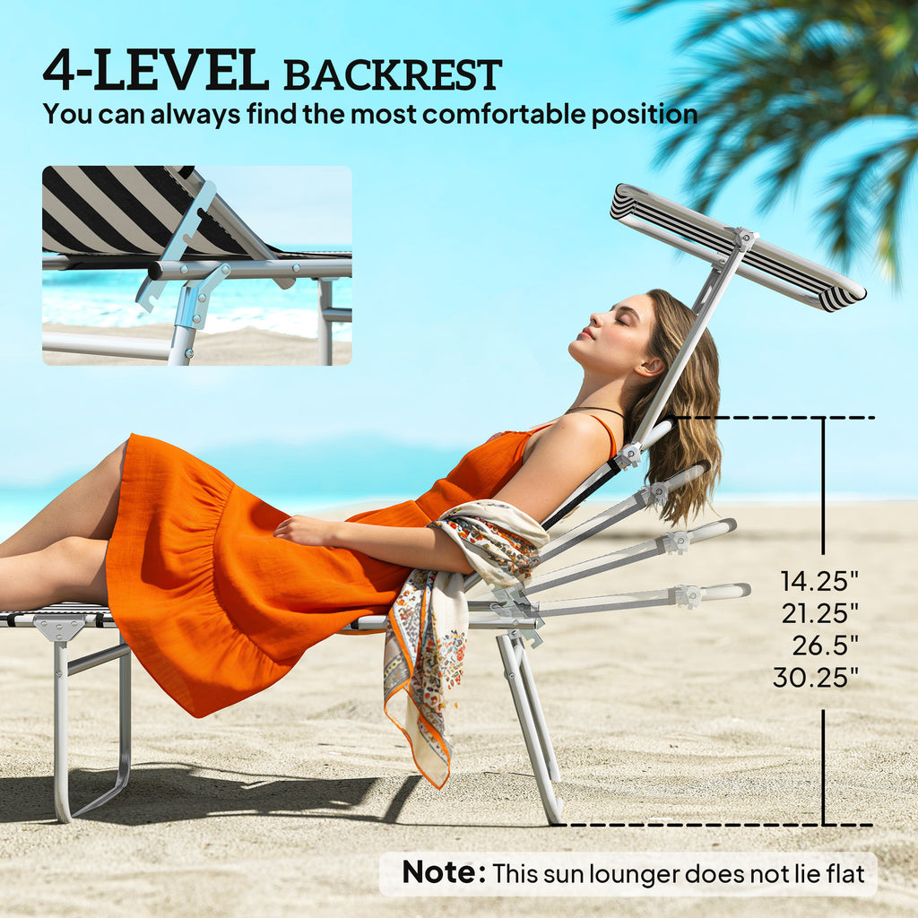 Outdoor Pool Chaise Lounge Chair, Folding Tanning Chair with Sun Shade, Black and White