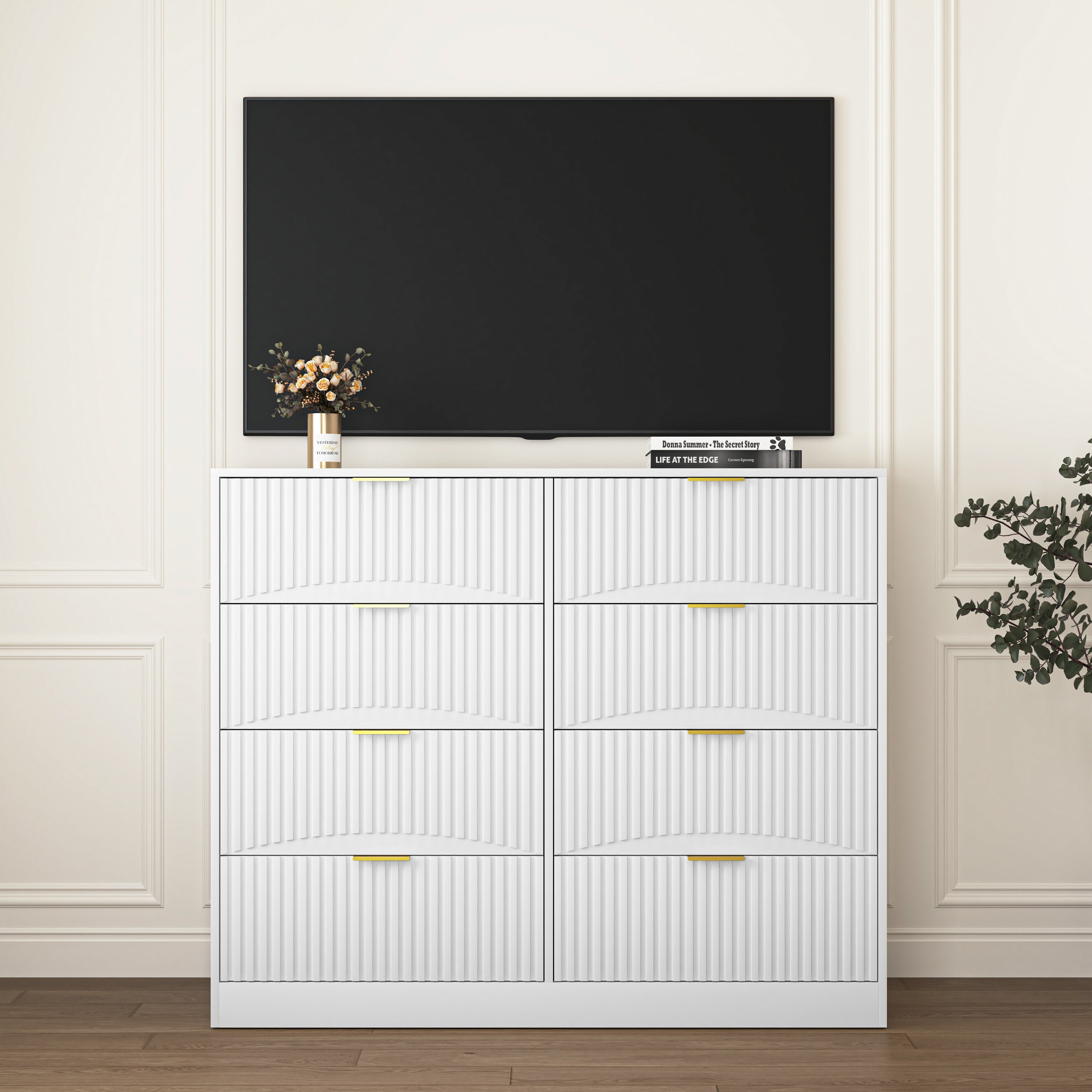 Modern 8 Drawers Dresser Chests For Bedroom,47.2 Wide Wood Chest Of Drawers With Gold Metal Handle,Drawer Organizer For Bedroom,Living Room,Hallway And Entryway,White