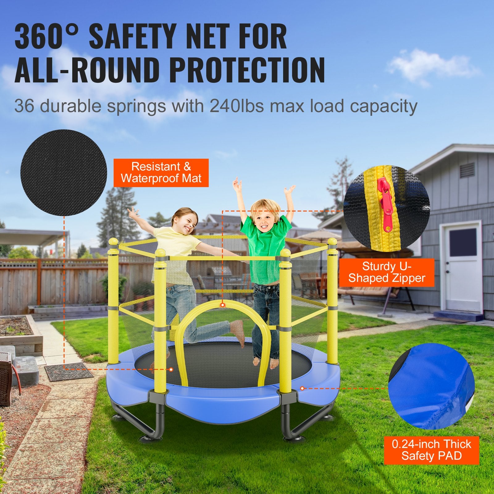 5FT Trampoline For Kids, 60" Indoor Outdoor Trampoline With Safety Enclosure Net, Basketball Hoop And Ocean Balls, Mini Toddler Recreational Trampoline Birthday Gifts For 3+ Years Kids
