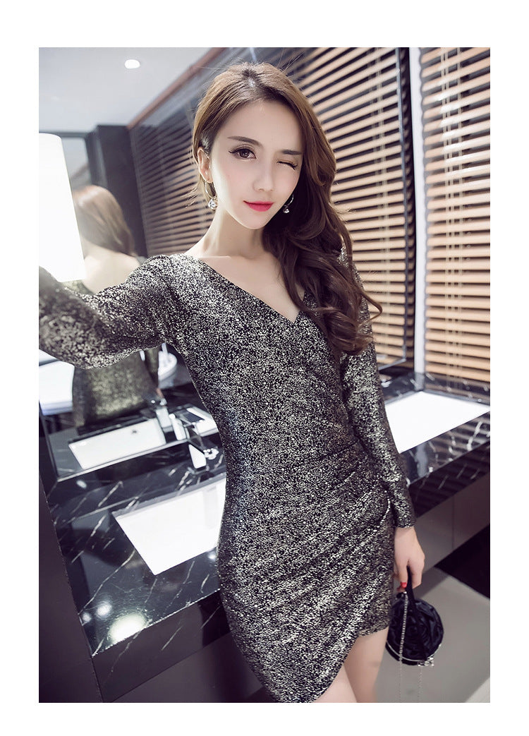V-Neck Long Sleeve Bodycon Dress in Korean Style