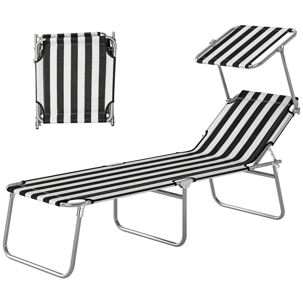 Outdoor Pool Chaise Lounge Chair, Folding Tanning Chair with Sun Shade, Black and White