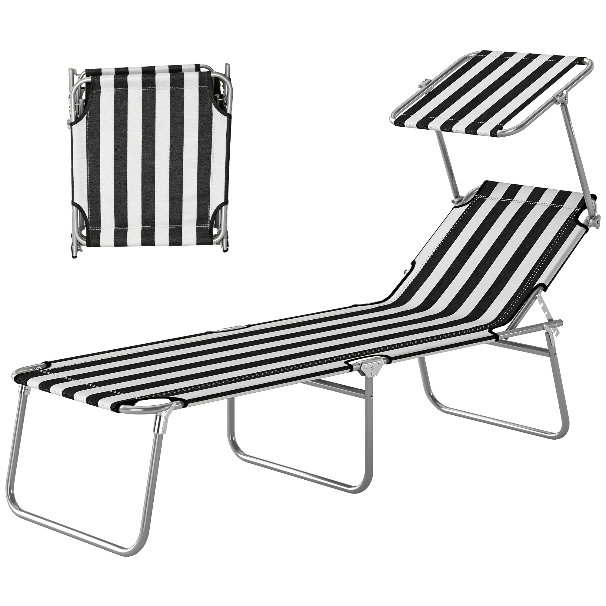 Outdoor Pool Chaise Lounge Chair, Folding Tanning Chair with Sun Shade, Black and White